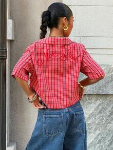 Muchica Women's Red Plaid Letter Embroidered Loose Short Sleeve Shirt - Red - View 2
