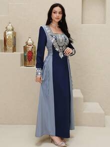 Al Najma Women's Square Neck Color Block Applique Elegant Long Sleeve Arabic Dress - Mauve Purple - View 3