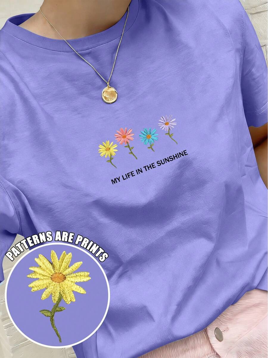 SHEIN EZwear Camiseta casual de mujer de manga corta con cuello redondo y estampado de eslogan