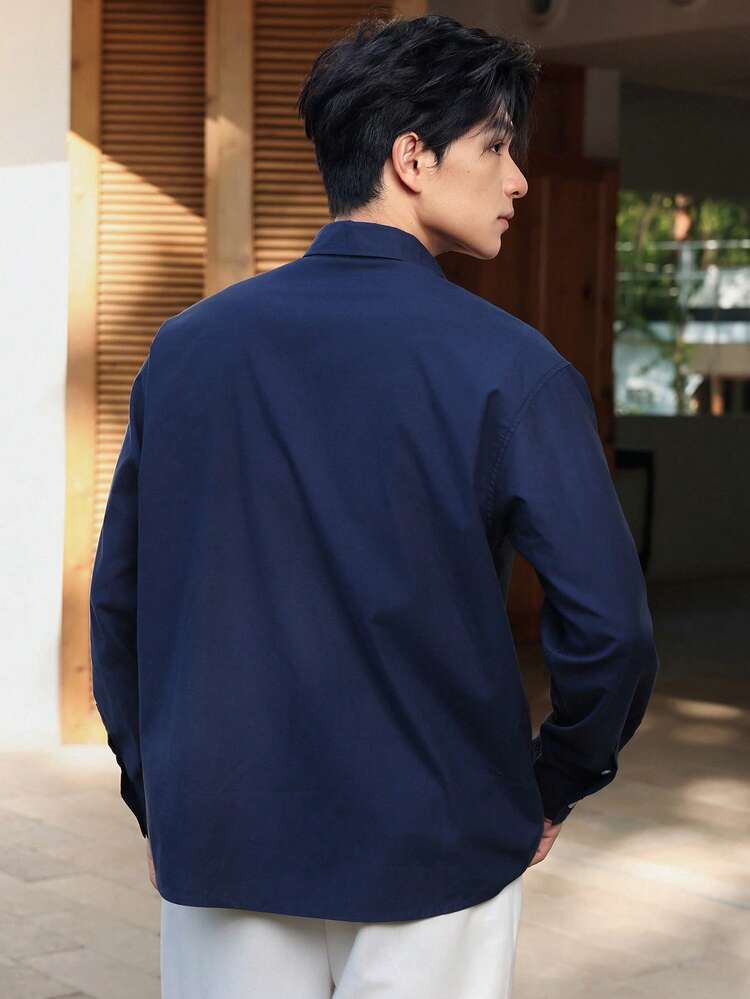 Men's Casual, Business, Commuting Solid Color Long Sleeve Loose Fit Shirt, Spring/Autumn