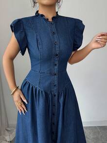 Elenzga Women's Casual Everyday Commute Ruffle Armhole Waist Cinched Single-Breasted Denim Dress, Summer - Dark Wash - View 6