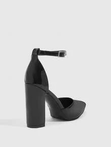 CUCCOO SZL Giày cao gót nữ mũi nhọn đế dày có khóa trang trí, giày bít mũi giả da lộn màu đen thanh lịch, quai ngang mắt cá chân, thích hợp cho mùa hè, lễ tốt nghiệp, dạ hội, du lịch, tiệc tùng, phong cách cá tính, tiệc đêm, đi chơi, mùa xuân, lễ Phục sinh, Giáng sinh. - Gương màu đen - Xem 3