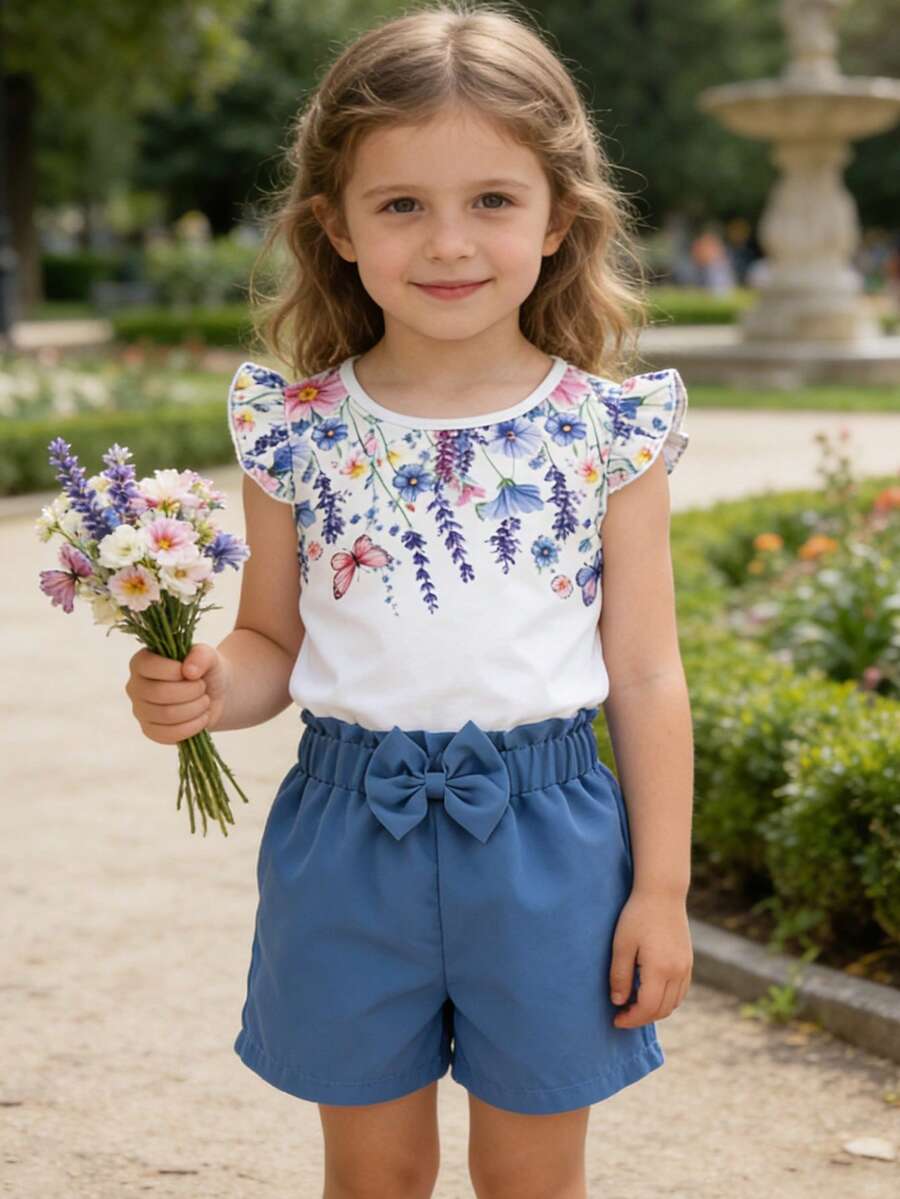 SHEIN Elladie kids 女童夏季休闲度假花卉蝴蝶印花荷叶边袖口上衣和纸袋腰带蝴蝶结装饰短裤套装 - 藍色 - 查看 1