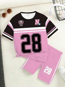 春夏女童休闲时尚创意个性清新简约别致数字28徽章、五角星、紫红色和黑色图案T恤和骑行短裤套装，舒适温暖的夏秋款式，适合日常运动装扮。 - 彩色 - 查看 9