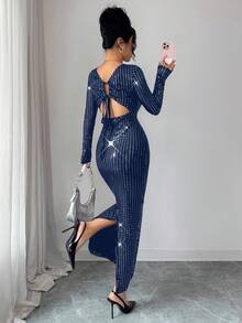 Rafferiza Solid Color Backless Sequin Patchwork Round Neck Bodycon Sexy Long Sleeve Dress - Navy Blue - View 3