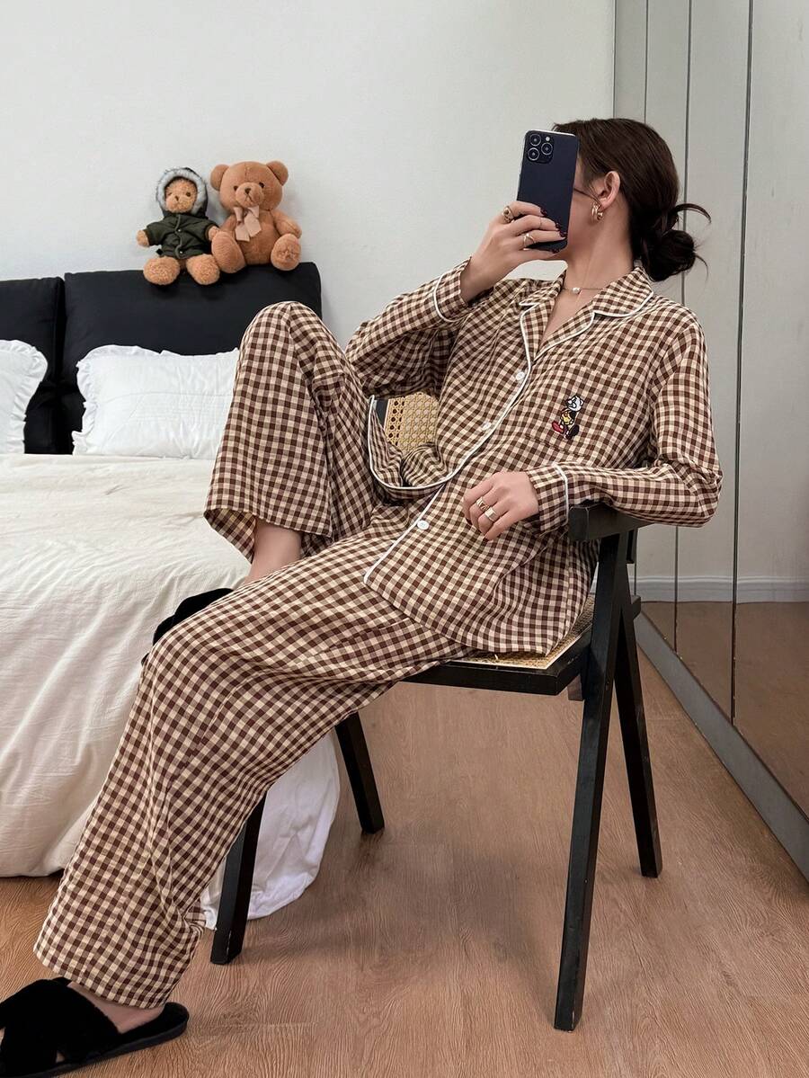 DAZY 2pcs Plaid Embroidered Pattern Cardigan Long Sleeve & Pants Women Pajama Set, Autumn - Khaki - View 1