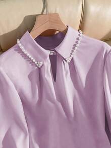 Franclia 女士纯色领口饰小珍珠长袖衬衫，粉色，秋季女士薰衣草色上衣，紫色衬衫，珍珠领衬衫，薰衣草色纽扣衬衫，薰衣草色衬衫 - 淡紫色 - 查看 5
