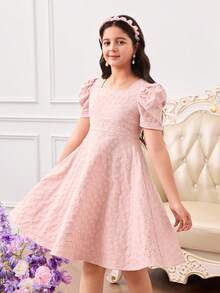 SHEIN Elladie kids Robe à manches courtes unie en jacquard rose pour fille, style doux et frais, manches bouffantes, nœud papillon, à la mode et rétro, élégante et princesse - Rose bonbon - Voir 2