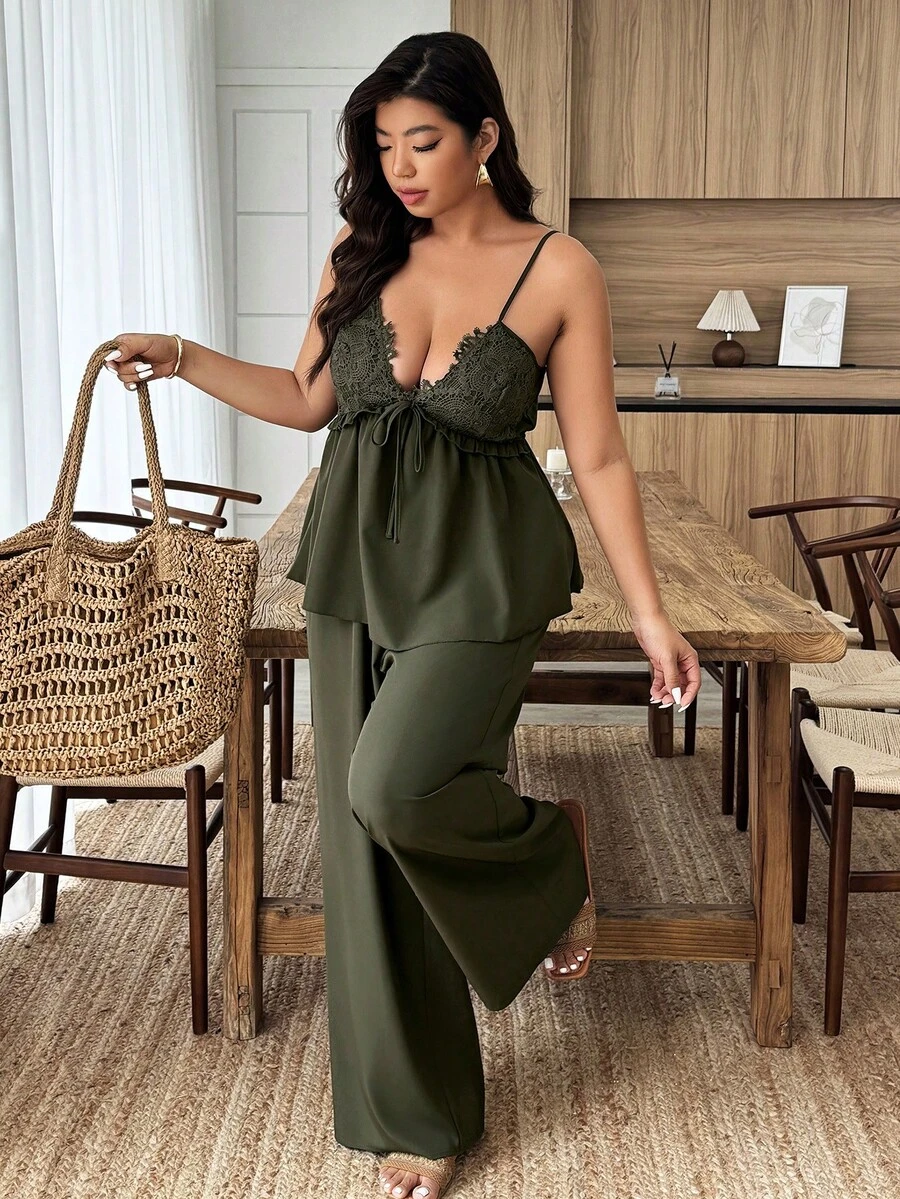 Weeklong Bộ áo hai dây cổ chữ V thắt eo màu đen, chất liệu jacquard, thích hợp cho công sở hàng ngày, đi chơi và dự tiệc, mùa xuân và mùa hè, dành cho nữ cỡ lớn. - xanh quân đội - Xem 1