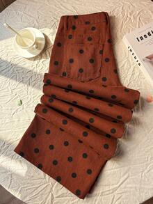 Comfortcana Women's Polka Dot Print Slant Pocket Casual Versatile Jeans - Brown - View 6
