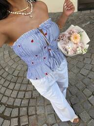 Sunnyshic レディース ブルーストライプ レッドハートパターン チューブトップ