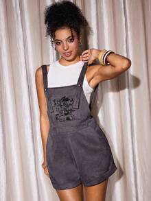 Shutterstock Y2Kool Women's Grey Y2K Suede Laser Text Arrow Lucky Graphic Print Cropped Fitted Sexy Jumpsuit - Dark Grey - View 3