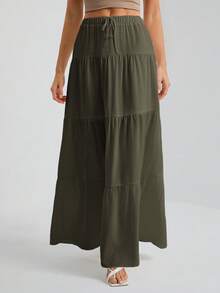 SHEIN Tall 白色梭织女式大下摆白色衬里半身裙，适合度假和外出穿着 - 橄欖綠 - 查看 5