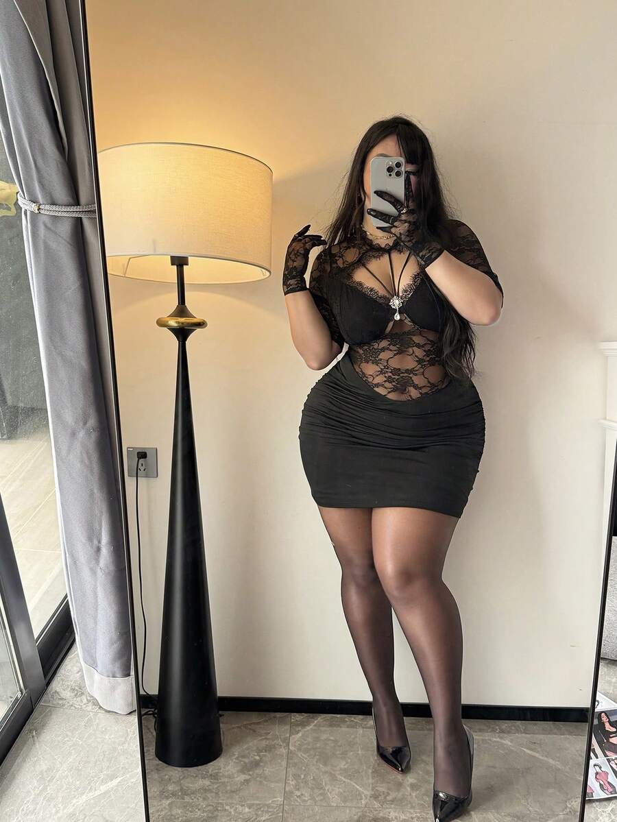 Vibekara Valentine Plus Size Black Lace & Silk Sleeveless Sexy Nightgown, Comfortable Sleeveless Off-Shoulder Mini Dress - Black - View 1