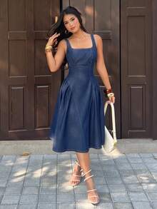 SHEIN PETITE Women's Solid Color Minimalist Backless Sleeveless Denim Dress
