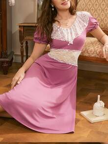 Côtesoire French Elegant Long Nightgown With Ruffled Lace Patchwork, Loose French Romantic Lace Patchwork Nightdress For Women - Dusty Purple - View 6