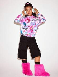 SHEIN Trolls Tween Girl Casual Letter Graphic Sweatshirt, Autumn - Pink - View 4