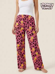 LOONEY TUNES X Joivida 1pc Women's Flannel Pajama Bottoms (Reversible Style), Featuring The Cute Tweety Pattern And Leopard Print Design, Lightweight, Soft, Warm And Machine Washable. - Multicolor - View 1