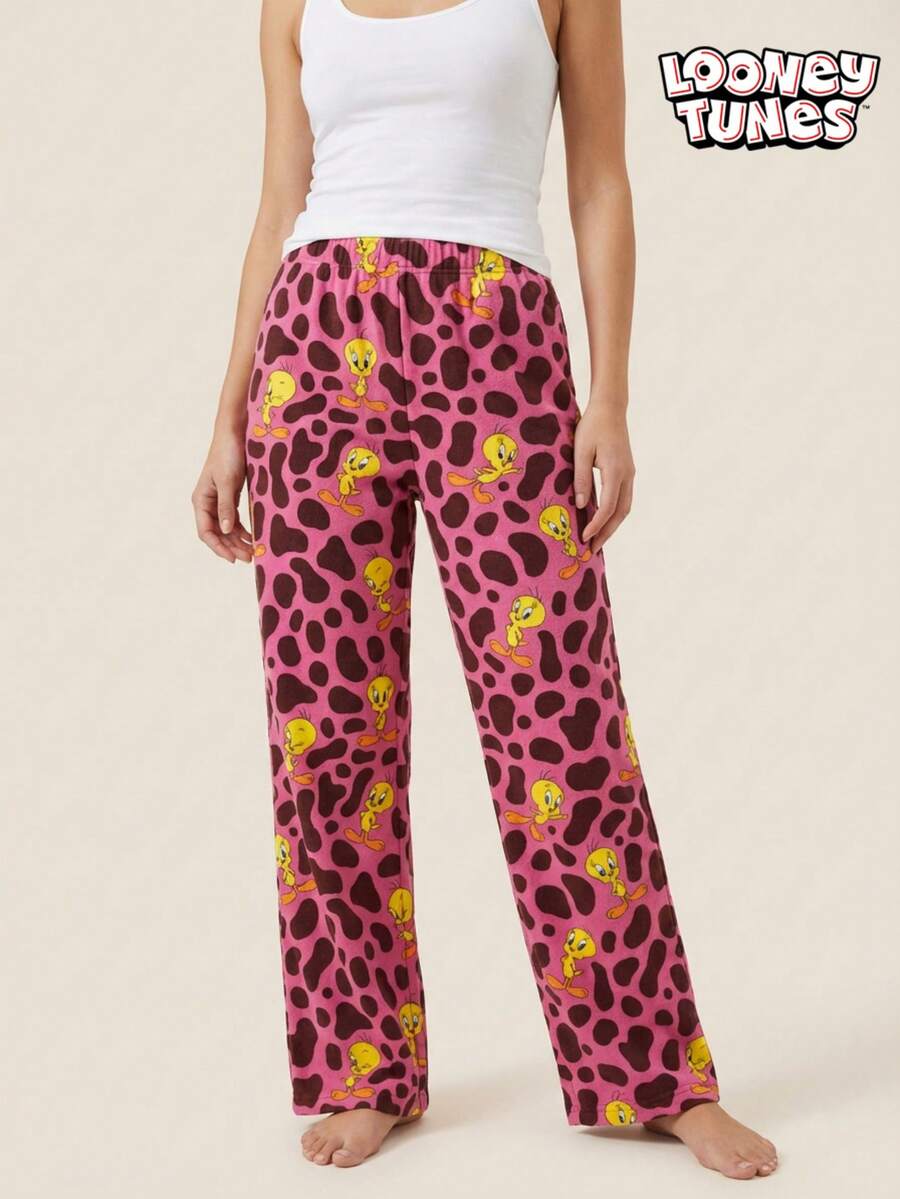LOONEY TUNES X Joivida 1pc Women's Flannel Pajama Bottoms (Reversible Style), Featuring The Cute Tweety Pattern And Leopard Print Design, Lightweight, Soft, Warm And Machine Washable. - Multicolor - View 1