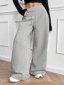 SHEIN PETITE Pantalones de chándal de punto gris con cordón en la cintura y ajuste holgado, adecuados para ceremonia de graduación, atuendo de vuelta al colegio, uniforme de maestro, otoño