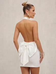 Lumalex 春夏泳装泳衣度假波西米亚风海滩户外高定层次感婚礼季宴会成人礼海滩海滨节日老钱婚礼订婚成人礼玫瑰情人节约会纯色水钻装饰紧身迷你连衣裙带蝴蝶结女装 - 白色 - 查看 8