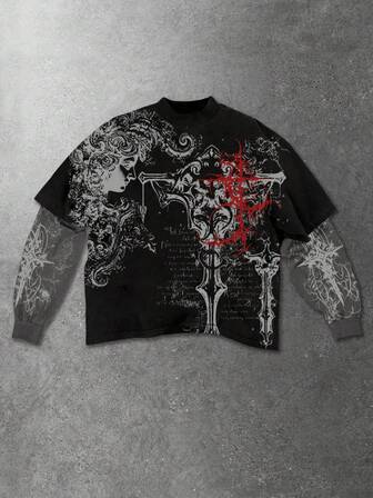 Street Life T-shirt à manches longues 2 en 1 avec imprimé croix vintage gothique pour hommes