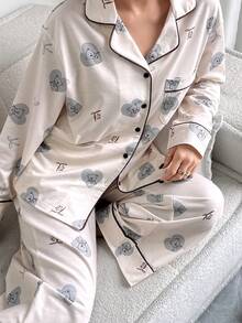 DAZY 爱心熊印花女士睡衣套装 - 米色 - 查看 6