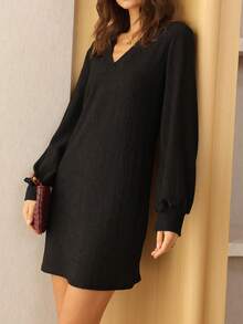 Lymera Autumn/Winter New Fashion Elegant Versatile Bestselling Dress, V-Neck, Lantern Sleeves, Textured Black - Black - View 6