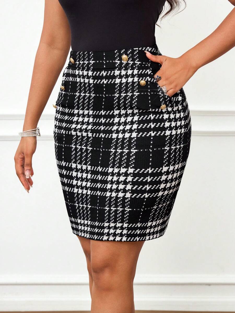 SHEIN Lady Chân váy ôm sát thanh lịch dành cho nữ, họa tiết răng cưa, có túi và trang trí cúc. - màu đen - Xem 1