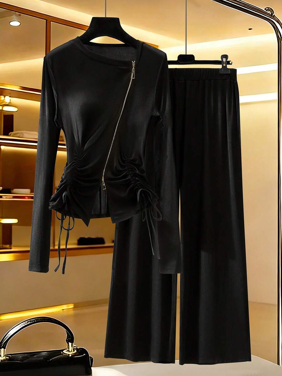 Modelyn رمضان طقم ملابس علوية وبنطلون طويل الأكمام محبوك مرن ناعم مريح للاستخدام اليومي، خصر مطاطي مخفف للحجم الكبير، مجموعة من قطعتين - الأسود - مشاهدة 1