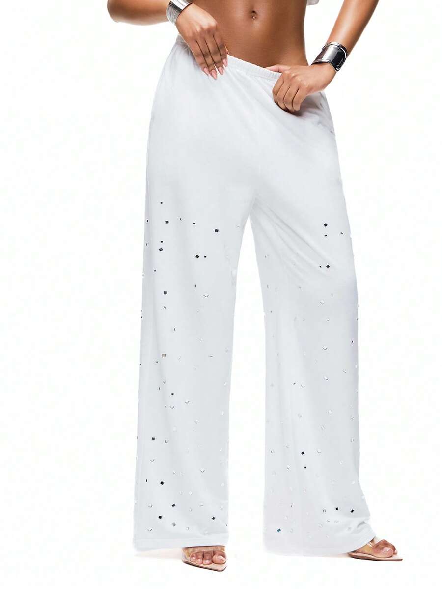 TypaGal White Knitted Casual Wide Leg Pants For Women Semi Sheer Long With Rhinestone Details - White - View 1