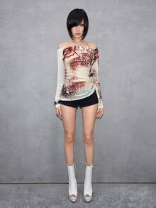 ROMWE Avant Women's Y2K Sexy Babe Portrait & Letter Logo Print Sheer Off-Shoulder Top - White - View 6