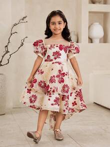 Glamorique Kids فستان أميرة فاخر ذو أكمام منتفخة وذيل مزخرف بالزهور للبنات