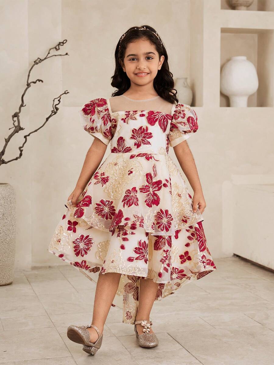 Glamorique Kids 女童花朵泡泡袖拖地奢华公主裙 - 酒紅色 - 查看 1