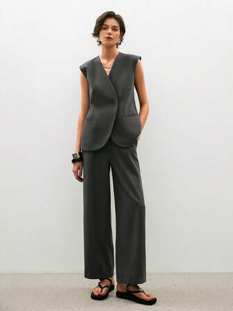 ATUI Studio Ensemble casual femme composé d'un gilet et d'un pantalon de couleur unie avec poches