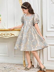 SHEIN 少女优雅方领泡泡袖提花A字连衣裙，腰果佩斯利花纹，适合春夏家庭度假、节日派对等场合 - 藍色 - 查看 5