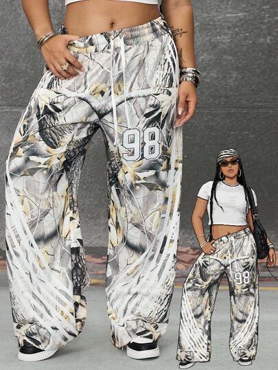 Grunge Punk Plus Size Tree Branch Striped Wide Leg Pants