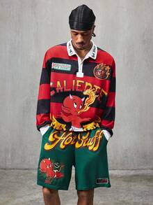 SHEIN HOT STUFF Men's Casual Fashion Street Style Everyday Commute Cartoon Letter Stripe Pattern Long Sleeve Polo Collar Sweatshirt And Drawstring Waist Shorts Set, Spring/Summer/Autumn - Red - View 5