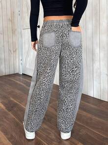 SHEIN PETITE Women's Leopard Print Patchwork Flared Leg Jeans - Grey - View 2