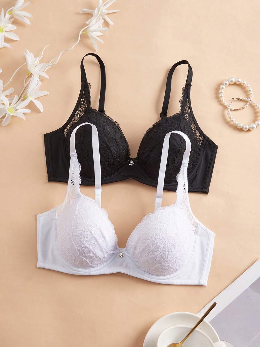 DesireSculpt 2件套蕾丝钢圈加厚舒适基础文胸套装 - 彩色 - 查看 1