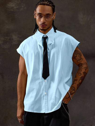 Street Life Camicia casual da uomo per uso quotidiano e pendolarismo, di colore unito, vestibilità morbida, con cravatta, adatta per l'estate