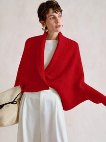 SHEIN Stylify Áo khoác cardigan dệt kim dáng rộng, vạt áo bất đối xứng, kiểu dáng mới dành cho nữ mùa Thu/Đông, thanh lịch, cao cấp, đa năng cho việc đi lại hàng ngày. - Đỏ - Xem 3