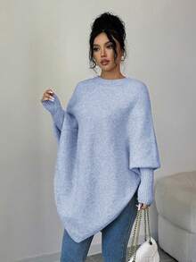 Elenzga Women's Asymmetrical Hem Oversized Crew Neck Pullover Sweater, Relaxed Fit, Soft & Comfortable Wool Blend, Suitable For Autumn/Winter - Blue - View 4