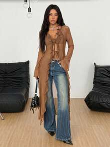 Coolane Abrigo largo con tirantes de malla, volantes y cinta para mujer, estilo rave, renacimiento, hippie, festival de música Gyaru, para otoño/todo el año - Marrón Mocha - Ver 3