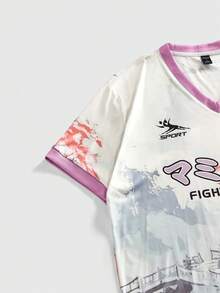 ROMWE MEN Anime Maglietta a maniche corte da uomo con scollo a V, stampa all-over, stile retrò artistico e sportivo - Beige - Visualizzare 4