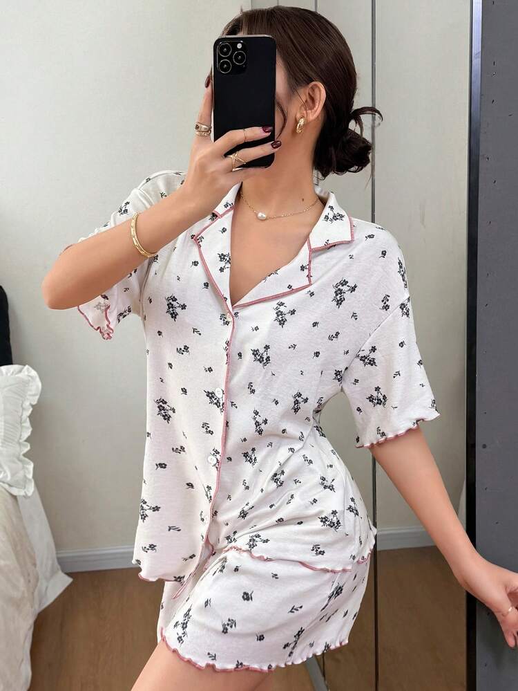 Floral Contrast Color Snap Button Short Sleeve Top And Shorts Pajama Set For Women
