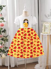 女婴优雅公主风泡泡袖连衣裙，甜美可爱碎花印花泡泡袖连衣裙，全身印花设计，轻盈舒适，时尚休闲装，春夏穿搭，适合派对、假日等场合。 - 彩色 - 查看 3