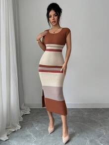 Elenzga Women's Spring/Summer New U-Neck Fitted Mid-Length Hem Slit Half Sleeve Elegant High-End Lady Striped Design Versatile Knit Dress - Multicolor - View 6