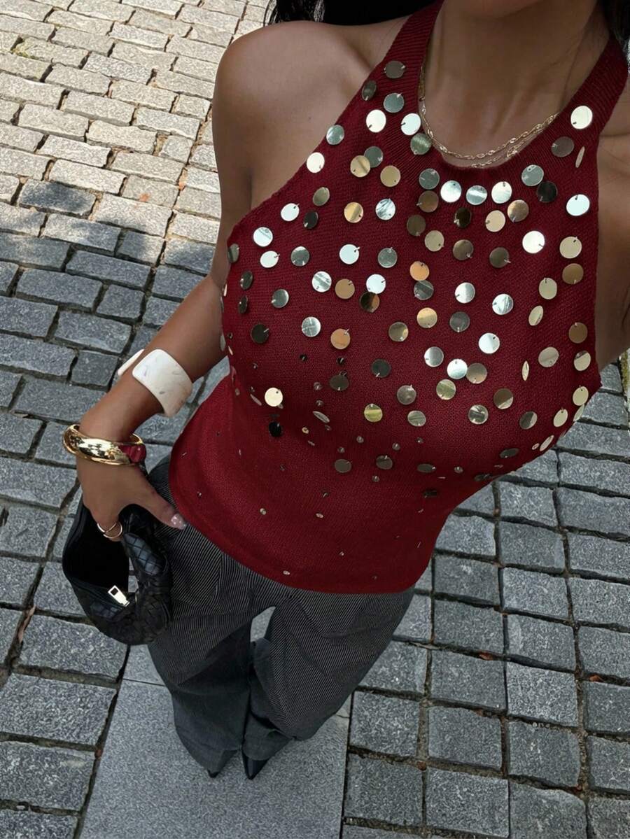 Siren Gaze 亮片拼接露背针织紧身吊带短款上衣 - 酒紅色 - 查看 1