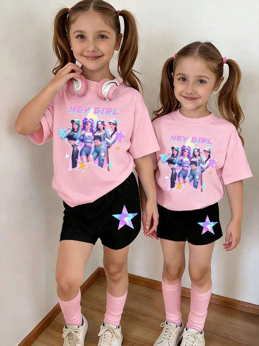 SHEIN 一套少女休闲时尚彩色星星卡通女孩K-Pop女团字母印花圆领短袖T恤和短裤套装,适合夏季外出穿着 - 彩色 - 查看 1
